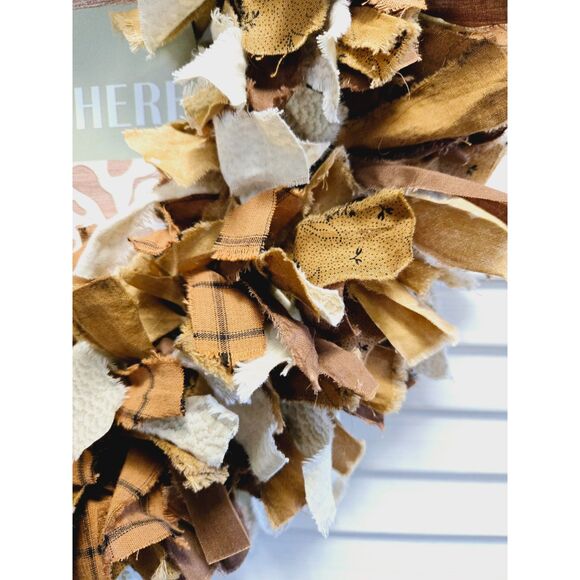 Hello There Shades of Brown Fabric Rag Wreath Door Decor Shabby Chic Decor 18" - Picture 2 of 13